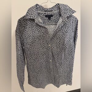 Lands' End Navy and White Floral Button-Down Blouse